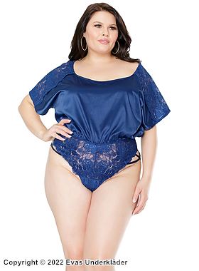 Romantischer Dessous-Teddy, Satin, Blumenspitze, U-Boot-Ausschnitt, gekreuzte Bänder, Plus Size